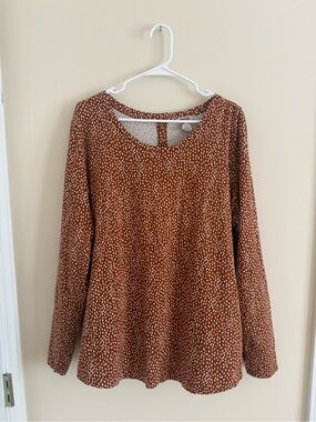 Duluth Trading Co Leaf Print Blouse Womens XL Brown Button Back Pima Cotton
